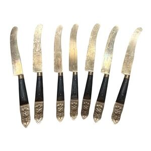 Vintage Thai Bronze Dessert Knives Set of 7 Wood Handle Goddess Deity Thailand